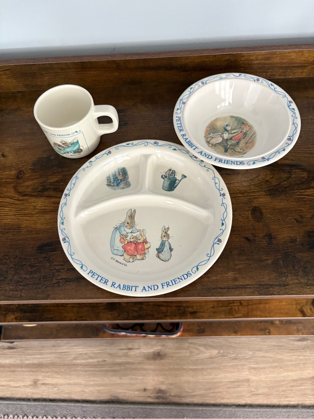 Peter Rabbit Cream Kids' Dinnerware Set with Blue Trim (Plastic Set)